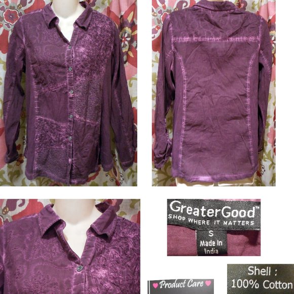 NEW! GREATER GOOD Purple Cotton Embroidered LS Button-Down Shirt! S - Picture 2 of 3